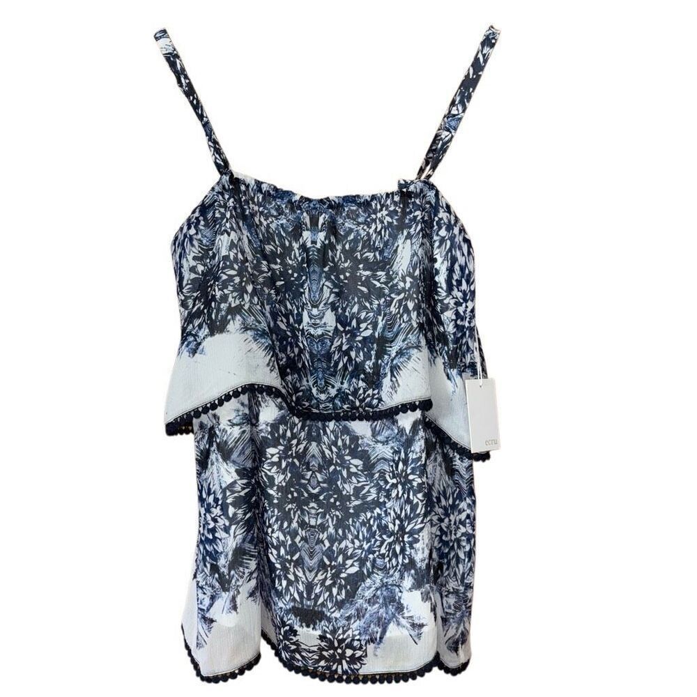 Ecru silk bohemian Pom Pom trim blue white blouse tank XS new